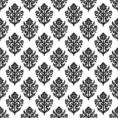 Tafelkleed Woodblock printed seamless ethnic floral all over pattern. Traditional oriental ornament of India, lily flowers of Kashmir, black on white background. Textile design. © tabuday