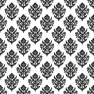Woodblock printed seamless ethnic floral all over pattern. Traditional oriental ornament of India, lily flowers of Kashmir, black on white background. Textile design.