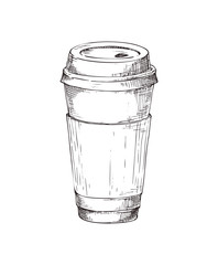 Hand drawn coffee paper cup vector monochrome icon