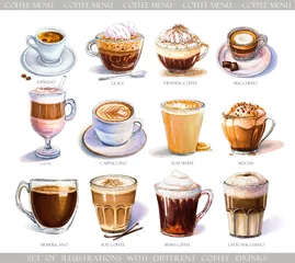 Papier Peint photo Café Sertie de différentes boissons au café pour le menu du café ou du café. Illustration d& 39 un expresso fort, d& 39 un latte doux, d& 39 un macchiato et d& 39 un cappuccino sucrés, d& 39 un café viennois et d& 39 une glace avec de la crème glacée.