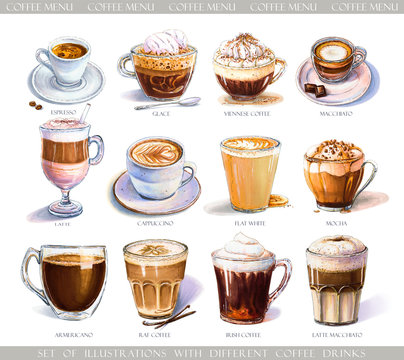 Set with diferent coffee drinks for cafe or coffeehouse menu. Illustration of strong espresso, gentle latte, sweet macchiato and cappuccino, Viennese coffee and glace with ice cream. 