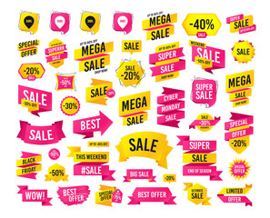 Sales banner. Super mega discounts. Sale pointer tag icons. Discount special offer symbols. 10%, 20%, 30% and 40% percent discount signs. Black friday. Cyber monday. Vector