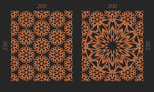 Laser cutting set. Woodcut vector trellis panels. Plywood lasercut floral design. Hexagonal seamless patterns for printing, engraving, paper cut. Stencil lattice ornaments.