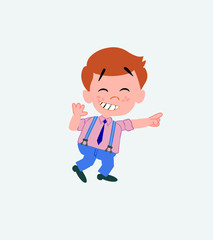 Businessman in casual style pointing to something funny on his left.