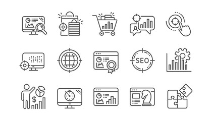 Seo line icons. Increase sales, Business strategy and Search optimization. Analytics linear icon set.  Vector