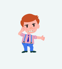 Businessman in casual style, is angry and points his head with his index finger.