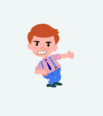 Businessman in casual style shows very angry something to his left.