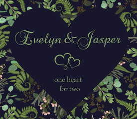 Valentine greeting card, invite card. Vector watercolor style herbs, eucalyptus,  forest fern, brunia, waxflower. Natural, branches boxwood, buxus  and chamaelaucium. Decorative