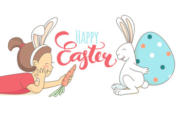 Funny greeting Happy Easter card girls white bunny painting egg.
