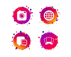 Social media icons. Chat speech bubble and world globe symbols. Hipster photo camera sign. Photo frames. Gradient circle buttons with icons. Random dots design. Vector