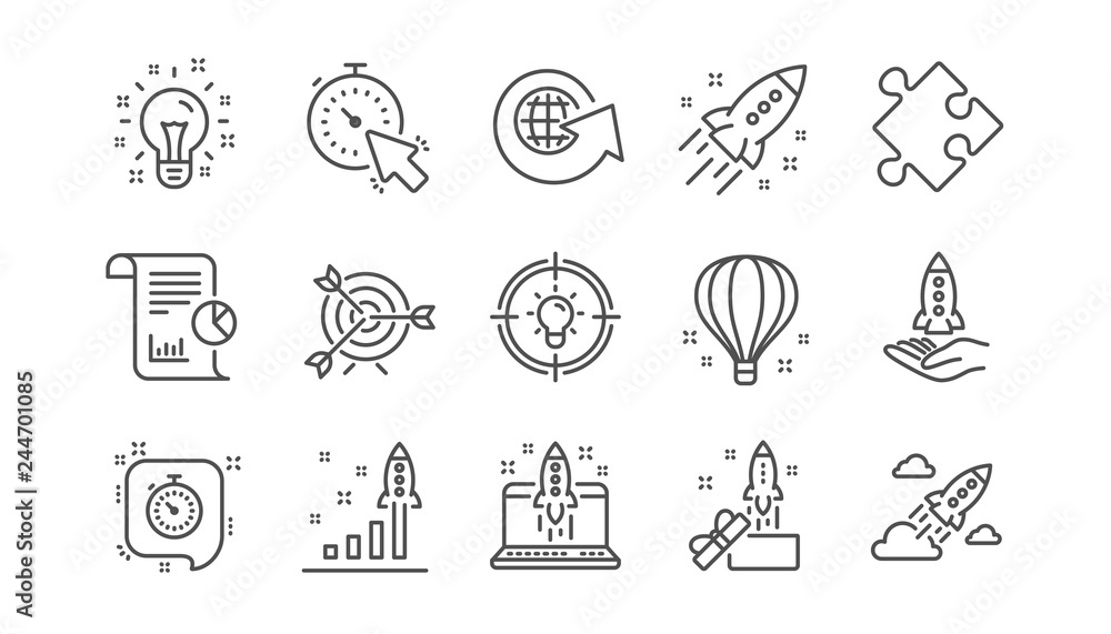 Poster startup line icons. launch project, business report and target. strategy linear icon set. vector