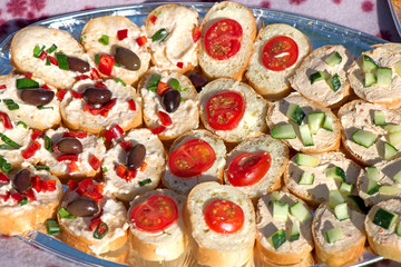 Variety of mini sandwiches with cheese cream, vegetables  roasted cherry tomatoes, olives, cucumber, spring onions, paprika, basil and other herbs. Fresh appetizer canape at the picnic outdoors.  