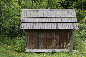 Wooden hut in the mountains at Lake Bohinj, Slovenia