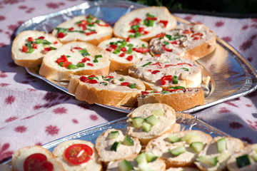Variety of mini sandwiches with cheese cream, vegetables  roasted cherry tomatoes, olives, cucumber, spring onions, paprika, basil and other herbs. Fresh appetizer canape at the picnic outdoors.  