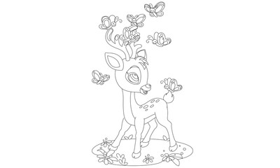 Cute baby deer and butterflies playing drawing to color