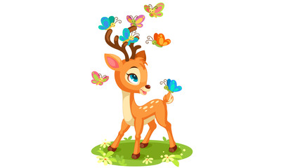 Cute baby deer and butterflies playing