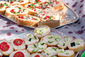 Variety of mini sandwiches with cheese cream, vegetables  roasted cherry tomatoes, olives, cucumber, spring onions, paprika, basil and other herbs. Fresh appetizer canape at the picnic outdoors.  