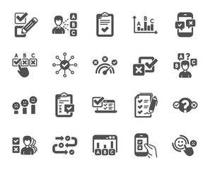 Survey or Report icons. Opinion, Customer satisfaction feedback and Test survey icons. Checklist review, Quiz and Business report symbols. Evaluation quiz, Feedback chart, Management. Vector
