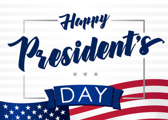 Lettering Presidents day greeting card, striped background and flag USA. Happy President`s Day 18th february for web banner or special offer vector illustration