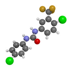 Cloflucarban disinfectant molecule. 3D rendering. Atoms are represented as spheres with conventional color coding: hydrogen (white), carbon (grey), oxygen (red), nitrogen (blue), chlorine (green),  et