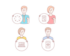 People hand drawn style. Set of Web analytics, Maximize and Love chat icons. Smartphone buying sign. Statistics, Full screen, Smartphone. Website shopping.  Character hold circle button. Vector