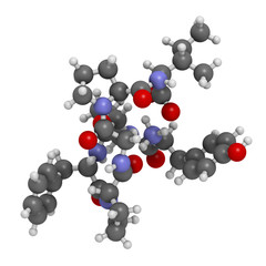 Beta-casomorphin peptide 7 molecule. Breakdown product of casein that may play a role in human diseases. 3D rendering. Atoms are represented as spheres with conventional color coding.