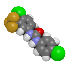 Cloflucarban disinfectant molecule. 3D rendering. Atoms are represented as spheres with conventional color coding: hydrogen (white), carbon (grey), oxygen (red), nitrogen (blue), chlorine (green),  et