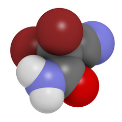 2,2-dibromo-3-nitrilopropionamide (DBNPA) biocide molecule. 3D rendering. Atoms are represented as spheres with conventional color coding: hydrogen (white), carbon (grey), nitrogen (blue), etc