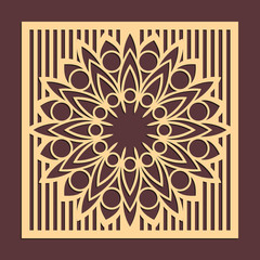 Laser cutting panel. Golden floral pattern. Gift or favor box silhouette ornament. Vector coaster design for metal, wood, paper work.