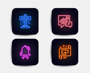 Neon glow lights. Set of Attraction, Accounting and Clock bell icons. Architectural plan sign. Free fall, Supply and demand, Alarm. Technical project.  Neon icons. Glowing light banners. Vector