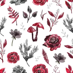 Wallpaper murals Gothic Seamless pattern with watercolor flowers, plants on white isolated background. Gothic background
