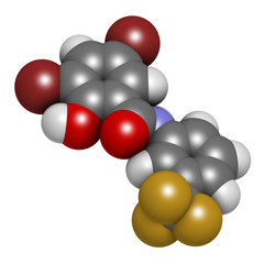Fluorosalan antiseptic molecule. 3D rendering. Atoms are represented as spheres with conventional color coding: hydrogen (white), carbon (grey), oxygen (red), nitrogen (blue), bromine (brown), etc