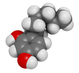 Hexylresorcinol molecule. Has anaesthetic, antiseptic and anthelmintic properties. 3D rendering. Atoms are represented as spheres with conventional color coding: hydrogen (white), carbon (grey), etc
