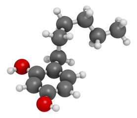 Hexylresorcinol molecule. Has anaesthetic, antiseptic and anthelmintic properties. 3D rendering. Atoms are represented as spheres with conventional color coding: hydrogen (white), carbon (grey), etc