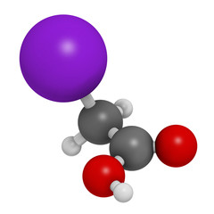 Iodoacetic acid molecule. Toxic alkylating agent. 3D rendering. Atoms are represented as spheres with conventional color coding: hydrogen (white), carbon (grey), nitrogen (blue), oxygen (red), etc