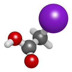 Iodoacetic acid molecule. Toxic alkylating agent. 3D rendering. Atoms are represented as spheres with conventional color coding: hydrogen (white), carbon (grey), nitrogen (blue), oxygen (red), etc