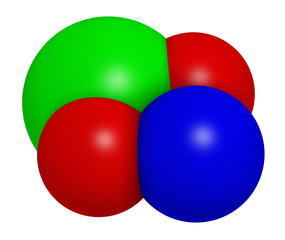 Sodium chlorite, chemical structure.  3D rendering. Atoms are represented as spheres with conventional color coding: chlorine (green), oxygen (red), sodium (blue).