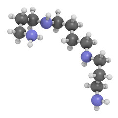 Spermine molecule. 3D rendering. Atoms are represented as spheres with conventional color coding: hydrogen (white), carbon (grey), nitrogen (blue).