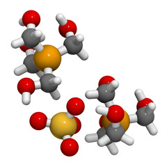 tetrakis(hydroxymethyl)phosphonium sulfate (THPS) biocide molecule. 3D rendering. Atoms are represented as spheres with conventional color coding: hydrogen (white), carbon (grey), etc