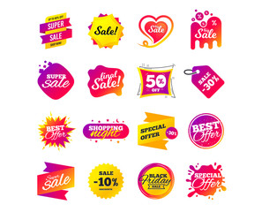 Sale banner templates design. Special offer tags. Cyber monday sale discounts. Black friday shopping icons. Best ultimate offer. Super shopping discount icons. Vector