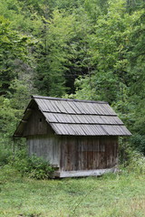 Fototapeta na wymiar Wooden hut in the mountains at Lake Bohinj, Slovenia