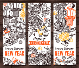 Sketch vector vertical banners for Chinese new lunar year. Hand drawn greeting design with symbol of prosperity, luck and wealth. Chinese dragon, paper lanterns, gold ingot, coins, mandarins