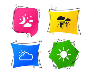 Weather icons. Moon and stars night. Cloud and sun signs. Storm or thunderstorm with lightning symbol. Geometric colorful tags. Banners with flat icons. Trendy design. Vector