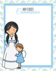 My first communion. Little girl with angel and blank space for text