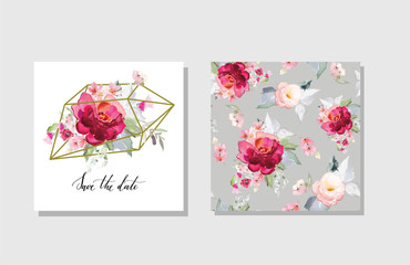 Greeting card and background with bouquets of flowers.  A set of vector illustrations in a watercolor style.