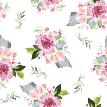 Vector seamless pattern with flower and plants in watercolor style.