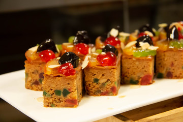  dry mixed fruit cake on buffet