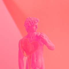 Creative concept of pink neon David, the a masterpiece of Renaissance sculpture created  by Michelangelo. Vaporwave style. St. Valentine's day style with heart