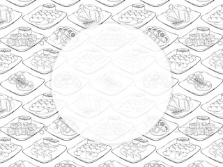 Template for your design. chicken legs, steaks, sausages on a plate. Hand drawn. Fast food. For cafe menu, restaurant, packaging, advertisements. Vector illustration. blank for text. White and black.