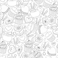 Seamless pattern of different desserts, cakes, candy and food for Valentines day. Romantic endless texture. Hand drawn. Vector illustration. Black and white.